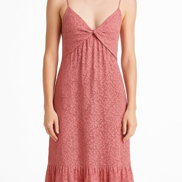 NSR Lace Twist Front Dress Smocked Back Pink Dusty Rose - Picture 2 of 3